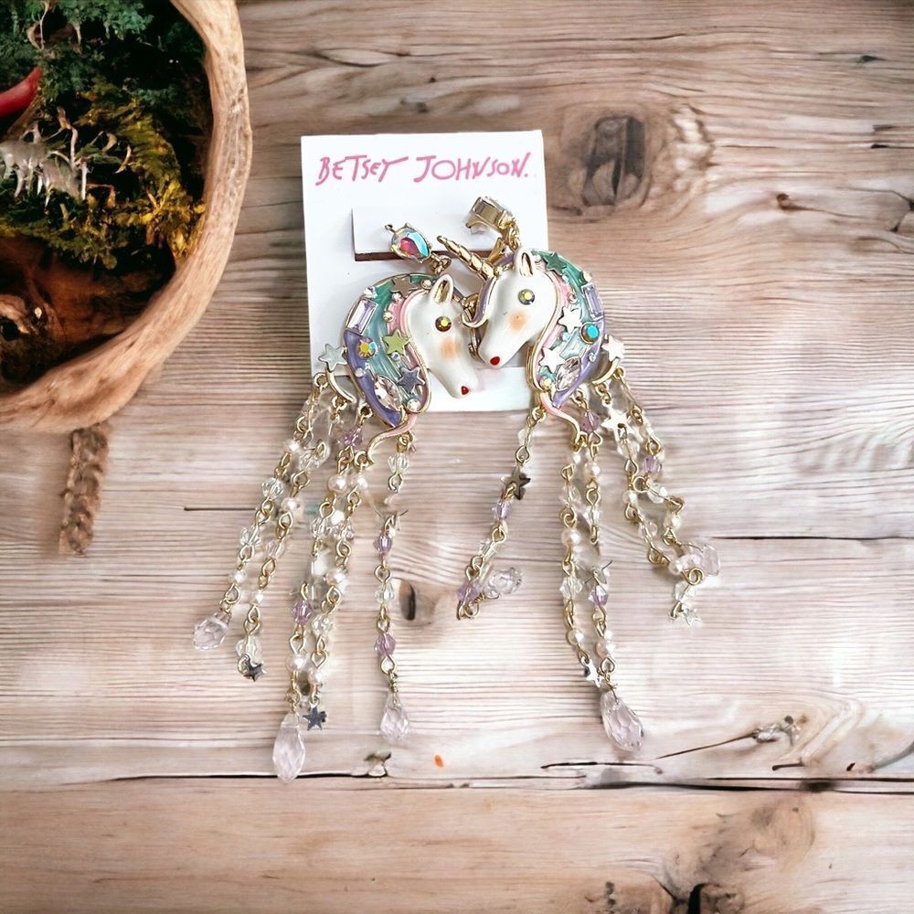 Betsey Johnson Unicorn Chandelier Star Crystal Dangle Earrings